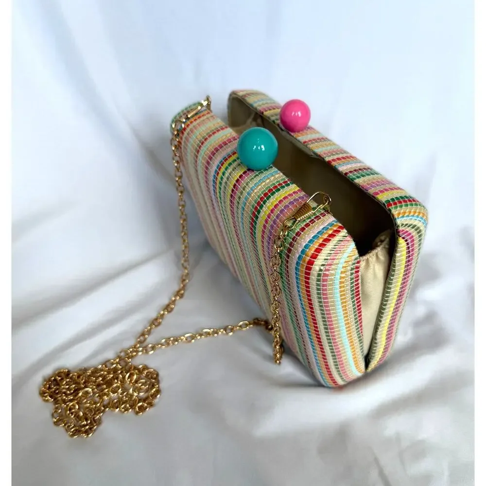Shiraleah August Minaudiere Crossbody Box Clutch, Teal Pink Spring Stripe Twee - Picture 5 of 7